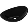 Czarna, szklana umywalka nablatowa o owalnym kształcie z otworem odpływowym na dnie. Powierzchnia umywalki jest gładka i błyszcząca.