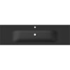 Czarna matowa umywalka wpuszczana w blat o wymiarach 161 x 46,5 cm z otworem na baterię i odpływ, widoczna na białym tle. Produkt ma prostokątny kształt z zaokrąglonymi krawędziami.