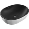 Czarna matowa umywalka nablatowa o owalnym kształcie z widocznym otworem odpływowym, zewnętrzna powierzchnia w kolorze srebrnym. Na wewnętrznej stronie umywalki znajduje się logo "Mexen".