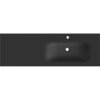 Czarna matowa umywalka wpuszczana w blat o wymiarach 141 x 46,5 cm z dwoma otworami, jednym na baterię i jednym odpływowym. Produkt ma prostokątny kształt z zaokrąglonymi krawędziami.
