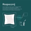 Na grafice widoczna jest ilustracja poduszki elektrycznej z falistymi liniami symbolizującymi ciepło oraz schemat podłączenia grzejnika do akumulatora. Tekst na grafice brzmi: "Rozpocznij. Zanim będziesz mógł używać swojego Heaty, musisz jednorazowo połączyć grzejnik z akumulatorem w poduszce. Otwórz w tym celu zamek błyskawiczny i połącz oba elementy."