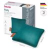 Opakowanie produktu z napisem "beurer Heaty BATTERY-OPERATED HEATING PAD AKKU-HEIZKISSEN" oraz dwie zielone poduszki z wymiarami 45,00 cm x 45,00 cm. Widoczne logo "beurer" oraz oznaczenie "German Engineering" z informacją o 3-letniej gwarancji.