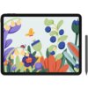 Na zdjęciu widoczny jest tablet graficzny z kolorowym, kwiatowym wzorem na ekranie, przedstawiającym różnorodne rośliny, owoce i owady. Obok tabletu znajduje się rysik.