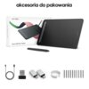 Na zdjęciu znajduje się czarny tablet graficzny XP-PEN Deco MW wraz z piórem, opakowaniem oraz akcesoriami, takimi jak kabel, adaptery, pierścień i zapasowe końcówki. Widoczny jest tekst: "akcesoria do pakowania" oraz "XP-PEN Deco MW Pen Tablet".