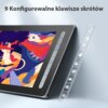 Tablet graficzny z kolorowym wyświetlaczem przedstawiającym abstrakcyjną grafikę, obok którego widoczne są ikony symbolizujące różne funkcje. Na górze zdjęcia znajduje się tekst: "9 Konfigurowalne klawisze skrótów".