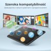 Tablet graficzny XP-PEN Artist 13 (2. generacja) Czarny jest przedstawiony na tle trzech ekranów z różnymi grafikami, a wokół niego unoszą się kolorowe bańki z nazwami systemów i programów, takimi jak Android, CDR, Krita, Medi Bang, PS, GIMP, AI, Win, Linux, Mac. Na górze widnieje tekst: "Szeroka kompatybilność działa płynnie z różnymi systemami i oprogramowaniem".