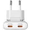 Biała ładowarka sieciowa z dwoma portami USB-C, oznaczonymi jako "USB-C1 PD 3.0 (PPS) 65 W" i "USB-C2 PD 3.0 (PPS) 65 W", posiada składane wtyki.