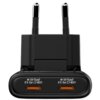Czarna ładowarka sieciowa z dwoma portami USB-C, oznaczonymi jako "USB-C1 PD 3.0 (PPS) 65 W" i "USB-C2 PD 3.0 (PPS) 65 W", z widocznymi składanymi wtyczkami. Produkt ma kompaktowy design i błyszczące wykończenie.