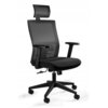 Czarny fotel biurowy wykonany z tkaniny i siatki, z regulowanym zagłówkiem, podłokietnikami oraz pięcioramienną podstawą na kółkach. Fotel ma ergonomiczny kształt i nowoczesny design.