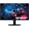 Monitor z wyświetlaczem przedstawiającym futurystyczny pojazd w tunelu świetlnym, z widocznym napisem "Odyssey G7". Na dolnej ramce monitora znajduje się logo "SAMSUNG".