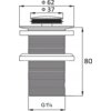 Schemat techniczny przedstawia korek klik-klak o wymiarach: średnica górna 62 mm, średnica wewnętrzna 37 mm, wysokość całkowita 80 mm, gwint G 1 1/4 cala. Produkt jest oznaczony jako "Mexen korek klik-klak mały okrągły, złoty - 79915-50".