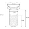 Na ilustracji znajduje się schemat techniczny okrągłego korka klik-klak z oznaczeniami wymiarów: średnica górna 6,5 cm, średnica dolna 4 cm, wysokość całkowita 9,5 cm, wysokość części gwintowanej 5 cm, a wysokość od podstawy do górnej krawędzi 8 cm. Produkt opisany jest jako "Mexen korek klik-klak okrągły, miedź antyczna - 79910-45".