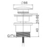 Schemat techniczny przedstawia korek klik-klak z oznaczeniami wymiarów: średnica 66 mm, wysokość regulowana od 10 do 60 mm, oraz gwint G1"1/4. Produkt to "Mexen korek klik-klak uniwersalny, różowe złoto- 79930-60".