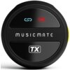 Czarny, okrągły panel z napisem "MUSICMATE" oraz symbolem "TX" na dole. Na górze widoczne są dwa symbole: niebieski łańcuch i czerwony symbol baterii.