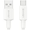 Na zdjęciu widoczny jest biały kabel z dwoma końcówkami: USB i USB-C, z napisem "USAMS" na obu wtyczkach. Produkt ma długość 1 metra i obsługuje moc 18W.