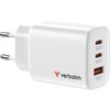 Biała ładowarka sieciowa z trzema portami USB, oznaczonymi jako USB-C1 PD 3.0 (PPS) 65 W, USB-C2 PD 3.0 (PPS) 65 W oraz USB-A QC 3.0 18 W, z widocznym logo "verbatim" na boku. Produkt ma kompaktowy, prostokątny kształt z zaokrąglonymi krawędziami.