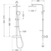 Schemat techniczny zestawu prysznicowego z deszczownicą i baterią termostatyczną, z wymiarami: wysokość regulowana od 950 do 1270 mm, szerokość deszczownicy 230 mm, długość węża 1500 mm, oraz inne szczegóły montażowe. Widoczne oznaczenia: G1/2, 30, 235, 262, 385, 880-1200.