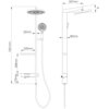 Na ilustracji przedstawiono schemat techniczny zestawu prysznicowego z deszczownicą i baterią, z wymiarami: wysokość 1301 mm, szerokość 357 mm, oraz inne szczegóły jak 250 mm i 80 mm. Widoczne są elementy takie jak deszczownica, słuchawka prysznicowa i wąż, a także kąty i odległości między komponentami.