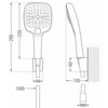 Na ilustracji przedstawiono techniczny rysunek zestawu prysznicowego z wymiarami: długość 295 mm, szerokość 44 mm, długość węża 1500 mm, oraz oznaczenie gwintu G1/2. Produkt ma kształt prostokątny z zaokrąglonymi rogami i widocznymi otworami na głowicy prysznicowej.