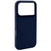 Granatowe etui silikonowe z dużym otworem na aparat, przeznaczone do telefonu Apple iPhone 17 Pro Max, z funkcją MagSafe. Produkt ma gładką powierzchnię i wycięcia na przyciski boczne.