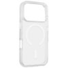 Przezroczyste etui na telefon z wyraźnym okrągłym wzorem na środku, przeznaczone do modelu Apple iPhone 17 Pro. Produkt ma wycięcia na przyciski i aparat.