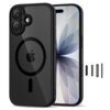 Czarne etui TECH-PROTECT MagPeak MagSafe CC do Apple iPhone 17 z widocznym logo w kształcie jabłka i okręgiem MagSafe, obok którego znajduje się telefon z abstrakcyjną grafiką na ekranie. W tle widoczne są elementy montażowe etui.