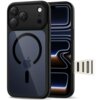 Czarne etui TECH-PROTECT MagPeak MagSafe CC do Apple iPhone 17 Pro z widocznym logo w kształcie okręgu i jabłka, obok którego znajduje się telefon z wyświetlaczem pokazującym abstrakcyjny wzór świetlny. Obok etui widoczny jest element z czterema różnymi złączami.