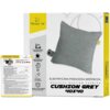 Pudełko z elektryczną poduszką grzewczą w kolorze szarym, z widocznym logo "Mission Air" oraz tekstem "Elektryczna Poduszka Grzewcza" i "Cushion Grey 40x40". Na opakowaniu znajdują się ikony przedstawiające funkcje produktu, takie jak poziomy grzania, zakres temperatury 40-45°C, timer oraz złącze USB-C.