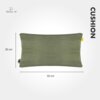 Zielona poduszka elektryczna o wymiarach 50 x 30 cm z widocznym logo "Mission Air" oraz napisem "CUSHION". Poduszka ma prążkowaną teksturę i żółtą metkę.