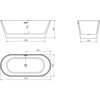 Schemat przedstawia wymiary wanny wolnostojącej o wymiarach 170 x 75 cm, z widocznymi oznaczeniami: 1300 mm, 460 mm, 580 mm, 545 mm, 850 mm i 750 mm. Na rysunku znajdują się trzy widoki: z boku, z góry i z przodu, z zaznaczonymi miejscami na przelew i odpływ.