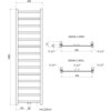 Schemat techniczny przedstawia grzejnik łazienkowy o wymiarach 1800 x 500 mm z oznaczeniami wymiarów i przyłączy G 1/2". Widoczne są napisy: "WIDOK Z GÓRY", "WIDOK Z DOŁU", "450", "74", "30", "225", "50", "14x 30x10".