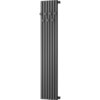 Dekoracyjny grzejnik łazienkowy w kolorze antracytowym, o wymiarach 1500 x 340 mm, z pionowymi, prostokątnymi panelami i ozdobnymi elementami. Produkt ma moc 630 W.