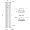 Schemat techniczny przedstawia dekoracyjny grzejnik łazienkowy o wymiarach 1500 x 340 mm, z oznaczeniami przyłączy G 1/2" oraz szczegółowymi wymiarami elementów. Widoczne są widoki z góry i z dołu, a także oznaczenia wymiarów w milimetrach, takie jak 1440, 111, 55, 145, 50, oraz 30.