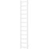 Biały grzejnik łazienkowy o pionowej konstrukcji złożonej z dwóch pionowych rur połączonych poziomymi szczeblami. Produkt ma prosty, minimalistyczny design.