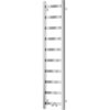 Chromowany grzejnik łazienkowy o wymiarach 1200 x 300 mm z poziomymi, prostokątnymi rurkami. Produkt ma elegancki, nowoczesny wygląd i jest przeznaczony do montażu na ścianie.