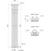 Schemat techniczny przedstawia dekoracyjny grzejnik łazienkowy o wymiarach 1500 x 240 mm, z oznaczeniami przyłączy G 1/2” oraz szczegółowymi wymiarami elementów. Widoczne są widoki z góry i z dołu, a także oznaczenia takie jak "2xG 1/2”" i "5x□30x30".