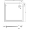 Kwadratowy rysunek techniczny brodzika o wymiarach 1200 x 1200 mm z widocznymi wymiarami i otworem odpływowym o średnicy 90 mm. Na dole znajduje się przekrój boczny brodzika z dodatkowymi wymiarami, takimi jak wysokość 40 mm i średnica 120 mm.