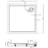 Rysunek techniczny przedstawia kwadratowy brodzik o wymiarach 1000 x 1000 mm z otworem odpływowym o średnicy 90 mm, umieszczonym 170 mm od krawędzi. Widoczne są szczegółowe wymiary i przekrój boczny brodzika, w tym wysokość 120 mm i dodatkowe oznaczenia techniczne.