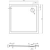 Kwadratowy rysunek techniczny brodzika o wymiarach 800 x 800 mm z widocznymi oznaczeniami wymiarów i otworem odpływowym o średnicy 90 mm. Poniżej znajduje się przekrój boczny brodzika z dodatkowymi wymiarami, takimi jak wysokość 40 mm i średnica odpływu 90 mm.