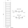 Schemat techniczny przedstawia grzejnik łazienkowy o wymiarach 1800 x 400 mm z oznaczeniami wymiarów i przyłączy G 1/2". Widoczne są widoki z góry i z dołu, a także szczegóły dotyczące rozstawu i wymiarów elementów konstrukcyjnych.