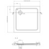 Kwadratowy rysunek techniczny brodzika z wymiarami 1000 x 1000 mm, z zaznaczonym otworem odpływowym o średnicy 90 mm i przekrojem A-A. Widoczne są szczegółowe wymiary, takie jak 220 mm od krawędzi do środka otworu oraz różne grubości i wysokości elementów brodzika.