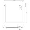 Schemat techniczny kwadratowego brodzika o wymiarach 1100 x 1100 mm z otworem odpływowym o średnicy 90 mm, umieszczonym w jednym z rogów. Widoczne są szczegółowe wymiary i przekrój boczny brodzika, z oznaczeniami takimi jak "φ120" i "φ90".
