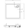Rysunek techniczny przedstawia kwadratowy brodzik o wymiarach 800 x 800 mm z otworem odpływowym o średnicy 120 mm, umieszczonym 170 mm od krawędzi. Widoczne są również szczegóły dotyczące wysokości brodzika, wynoszącej 120 mm, oraz jego konstrukcji bocznej.