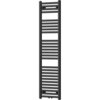 Czarny grzejnik łazienkowy o prostokątnym kształcie, zbudowany z poziomych, równomiernie rozmieszczonych rurek. Produkt ma wymiary 1500 x 400 mm i moc 583 W.