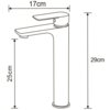 Na ilustracji znajduje się schemat baterii umywalkowej z wymiarami: długość wylewki 17 cm, wysokość całkowita 29 cm, wysokość do wylewki 25 cm. Produkt ma prosty, nowoczesny design z cylindrycznym korpusem i płaską wylewką.