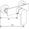 Ilustracja przedstawia schemat techniczny zestawu prysznicowego z wymiarami 53 mm i 133 mm oznaczonymi strzałkami. Produkt ma prostokątną płytkę z wystającą dźwignią.