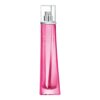 Różowa butelka perfum o smukłym kształcie z przezroczystym korkiem, na której widnieje napis: "Very Irresistible Eau de Toilette" oraz "Givenchy".