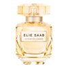 Kwadratowy flakon perfum o złocistym odcieniu z przezroczystym korkiem, na którym widnieje napis "ELIE SAAB LE PARFUM LUMIÈRE".
