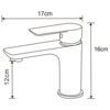 Na ilustracji widoczny jest schemat baterii łazienkowej z wymiarami: długość wylewki 17 cm, wysokość całkowita 16 cm, wysokość wylewki 12 cm. Produkt ma prosty, nowoczesny design z zaokrąglonymi krawędziami.
