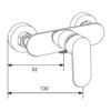 Na ilustracji widoczny jest schemat techniczny baterii prysznicowej z zaznaczonymi wymiarami: 52 mm i 130 mm. Produkt to "Mexen Milo DF40 zestaw prysznicowy, chrom - 713054DF40-00".